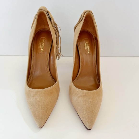 AQUAZZURA TAN CAMEL SUEDE HANGING FRINGE TIE KNOT POINTED TOE HIGH HEEL PUMPS - Picture 3 of 13